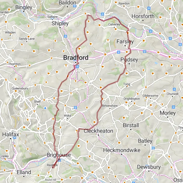 Map miniature of "Rastrick Gravel Adventure" cycling inspiration in West Yorkshire, United Kingdom. Generated by Tarmacs.app cycling route planner