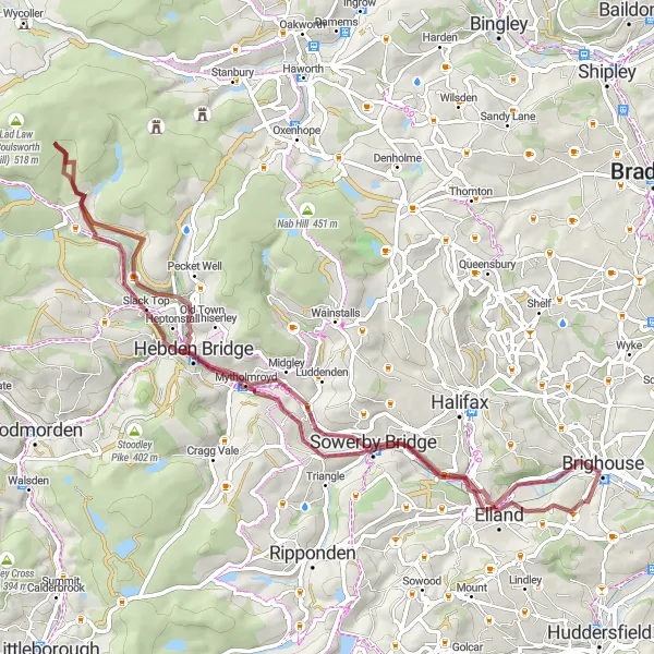 Map miniature of "Scenic Gravel Adventure around Rastrick" cycling inspiration in West Yorkshire, United Kingdom. Generated by Tarmacs.app cycling route planner