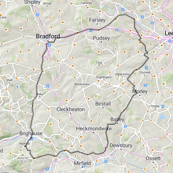 Map miniature of "Challenging Road Cycling Loop from Rastrick" cycling inspiration in West Yorkshire, United Kingdom. Generated by Tarmacs.app cycling route planner