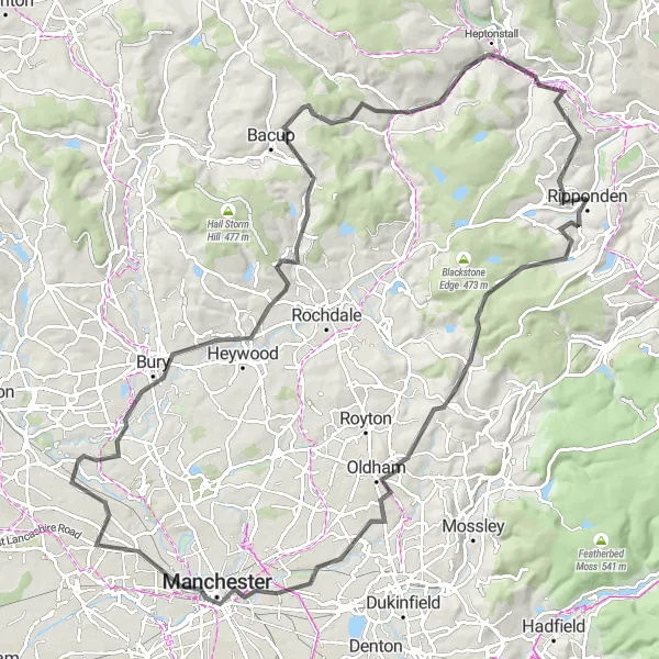 Map miniature of "The Rishworth Loop" cycling inspiration in West Yorkshire, United Kingdom. Generated by Tarmacs.app cycling route planner