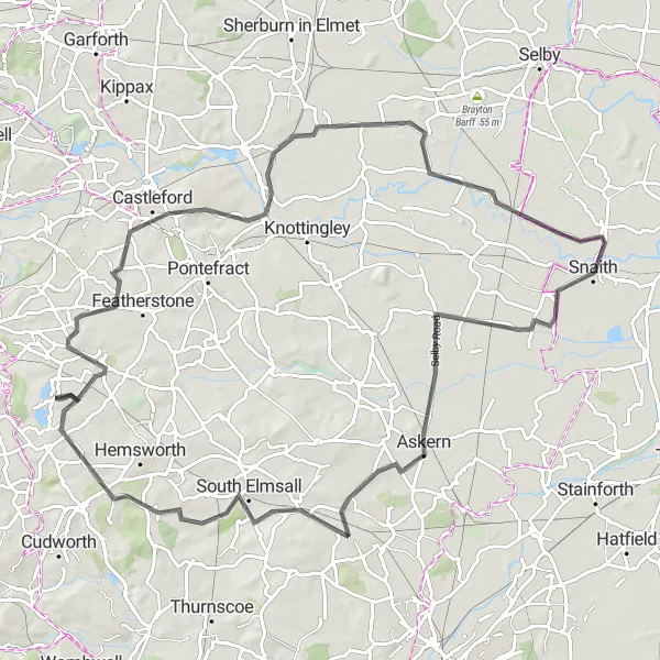 Map miniature of "Sharlston to Askern Road Route" cycling inspiration in West Yorkshire, United Kingdom. Generated by Tarmacs.app cycling route planner