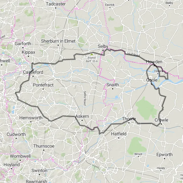 Map miniature of "Road to Goole" cycling inspiration in West Yorkshire, United Kingdom. Generated by Tarmacs.app cycling route planner