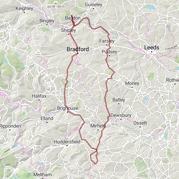 Map miniature of "Gravel Adventure: Brighouse to Highburton" cycling inspiration in West Yorkshire, United Kingdom. Generated by Tarmacs.app cycling route planner