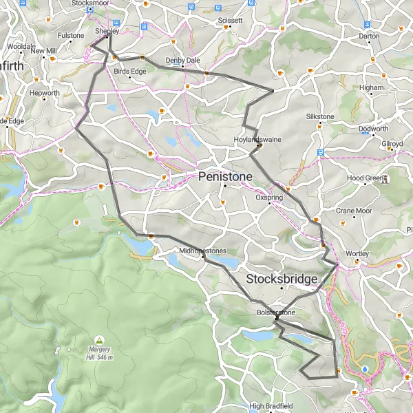 Map miniature of "Denby Dale to Shepley Adventure" cycling inspiration in West Yorkshire, United Kingdom. Generated by Tarmacs.app cycling route planner