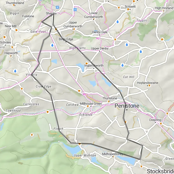 Map miniature of "Scenic Road Tour: Shelley and Beyond" cycling inspiration in West Yorkshire, United Kingdom. Generated by Tarmacs.app cycling route planner