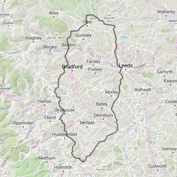 Map miniature of "Town and Country Loop" cycling inspiration in West Yorkshire, United Kingdom. Generated by Tarmacs.app cycling route planner