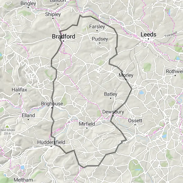 Map miniature of "Yorkshire Explorer" cycling inspiration in West Yorkshire, United Kingdom. Generated by Tarmacs.app cycling route planner