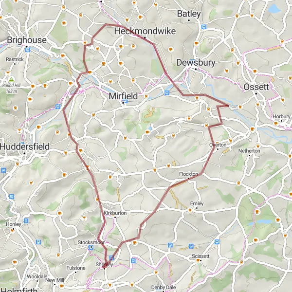 Map miniature of "The Shepley Loop" cycling inspiration in West Yorkshire, United Kingdom. Generated by Tarmacs.app cycling route planner