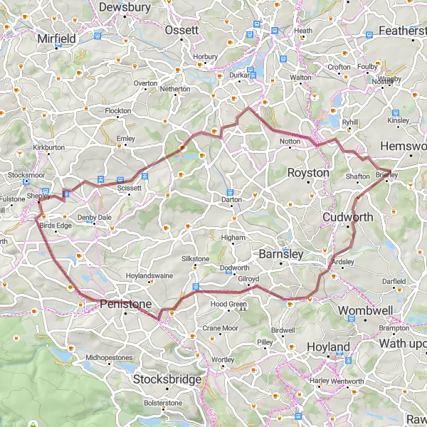 Map miniature of "Worsbrough Gravel Loop" cycling inspiration in West Yorkshire, United Kingdom. Generated by Tarmacs.app cycling route planner