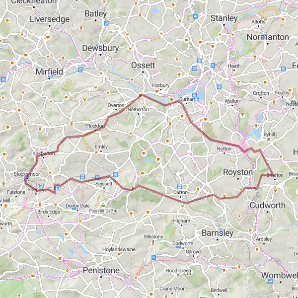 Map miniature of "The Gravel Trail to Stocksmoor" cycling inspiration in West Yorkshire, United Kingdom. Generated by Tarmacs.app cycling route planner