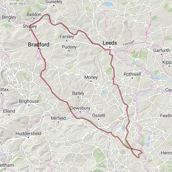 Map miniature of "Wakefield Gravel Adventure" cycling inspiration in West Yorkshire, United Kingdom. Generated by Tarmacs.app cycling route planner