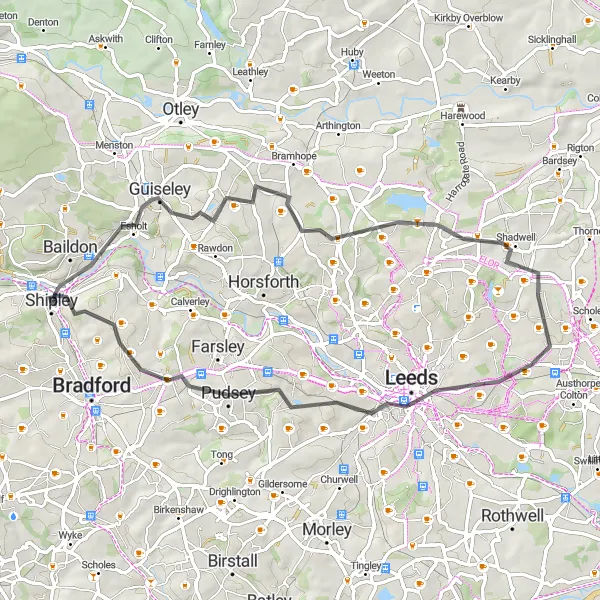Map miniature of "Leeds and Beyond" cycling inspiration in West Yorkshire, United Kingdom. Generated by Tarmacs.app cycling route planner