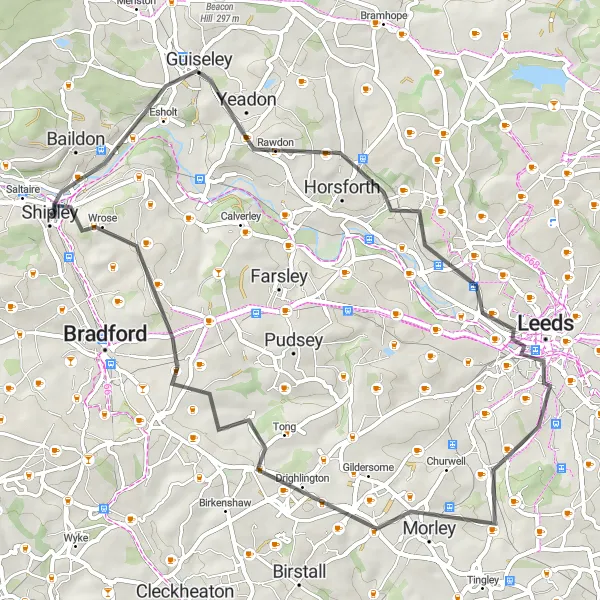 Map miniature of "Shipley to Yeadon Loop" cycling inspiration in West Yorkshire, United Kingdom. Generated by Tarmacs.app cycling route planner