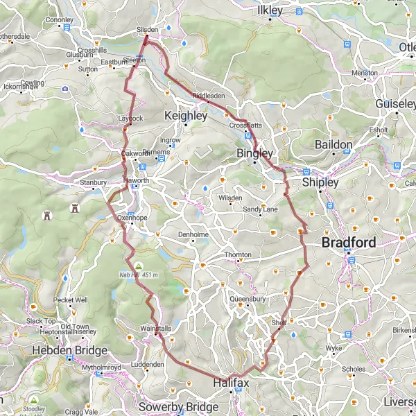 Map miniature of "Silsden to Steeton Gravel Route" cycling inspiration in West Yorkshire, United Kingdom. Generated by Tarmacs.app cycling route planner