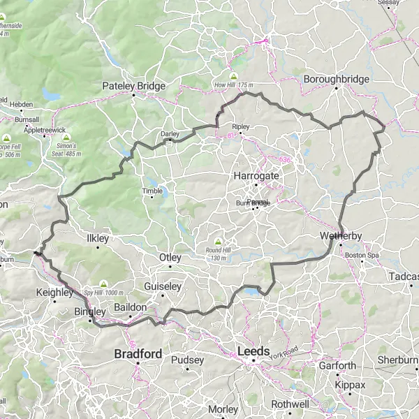 Map miniature of "Silsden to Bingley Loop" cycling inspiration in West Yorkshire, United Kingdom. Generated by Tarmacs.app cycling route planner