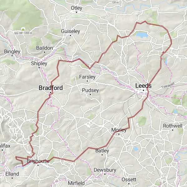 Map miniature of "The Leeds and Bradford Gravel Trail" cycling inspiration in West Yorkshire, United Kingdom. Generated by Tarmacs.app cycling route planner