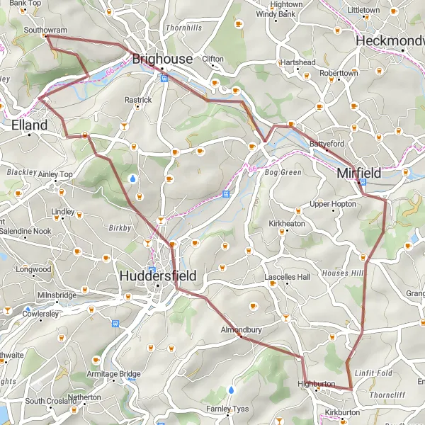 Map miniature of "Southowram to Huddersfield via Brighouse and Elland" cycling inspiration in West Yorkshire, United Kingdom. Generated by Tarmacs.app cycling route planner