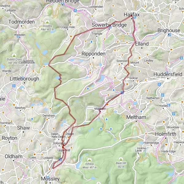 Map miniature of "Luddenden by Gravel" cycling inspiration in West Yorkshire, United Kingdom. Generated by Tarmacs.app cycling route planner