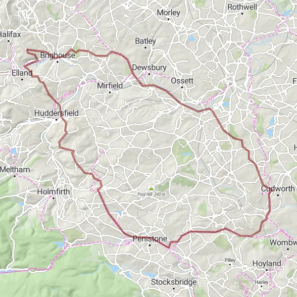 Map miniature of "Southowram to Castle Hill via Brighouse, Penistone, and Royston" cycling inspiration in West Yorkshire, United Kingdom. Generated by Tarmacs.app cycling route planner