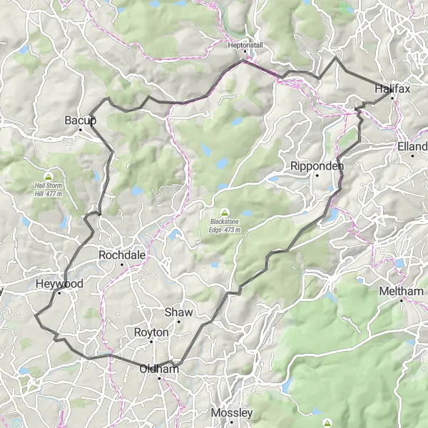 Map miniature of "Ladstone Rock to Halifax Adventure" cycling inspiration in West Yorkshire, United Kingdom. Generated by Tarmacs.app cycling route planner