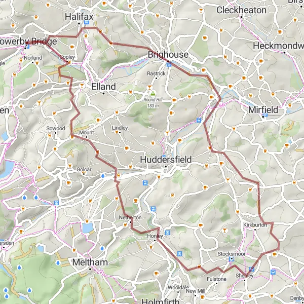 Map miniature of "Hilly Gravel Loop" cycling inspiration in West Yorkshire, United Kingdom. Generated by Tarmacs.app cycling route planner