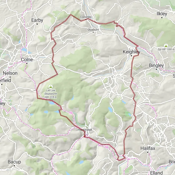 Map miniature of "Moorland Gravel Adventure" cycling inspiration in West Yorkshire, United Kingdom. Generated by Tarmacs.app cycling route planner