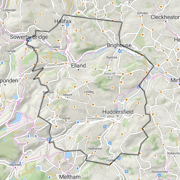 Map miniature of "Road Cycling Adventure through Halifax and Slaithwaite" cycling inspiration in West Yorkshire, United Kingdom. Generated by Tarmacs.app cycling route planner