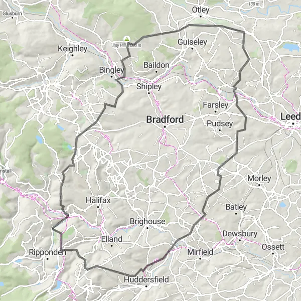 Map miniature of "Scenic Hills and Valleys" cycling inspiration in West Yorkshire, United Kingdom. Generated by Tarmacs.app cycling route planner