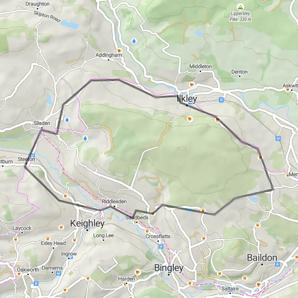 Map miniature of "Scenic Ride to Ilkley" cycling inspiration in West Yorkshire, United Kingdom. Generated by Tarmacs.app cycling route planner