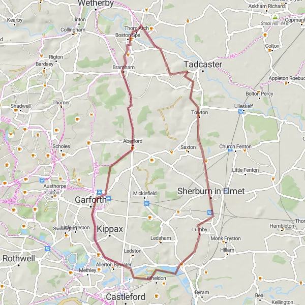 Map miniature of "Fairburn Loop" cycling inspiration in West Yorkshire, United Kingdom. Generated by Tarmacs.app cycling route planner