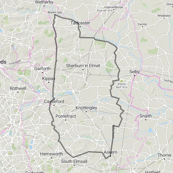 Map miniature of "Thorp Arch Grand Tour" cycling inspiration in West Yorkshire, United Kingdom. Generated by Tarmacs.app cycling route planner