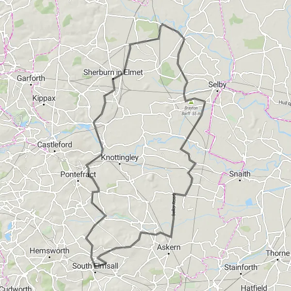 Map miniature of "Thorpe Audlin Adventure" cycling inspiration in West Yorkshire, United Kingdom. Generated by Tarmacs.app cycling route planner