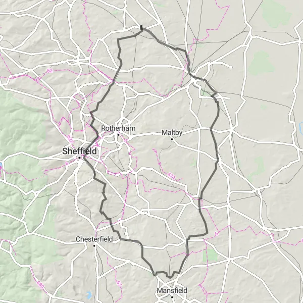 Map miniature of "Doncaster Explorer" cycling inspiration in West Yorkshire, United Kingdom. Generated by Tarmacs.app cycling route planner
