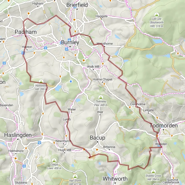 Map miniature of "Scenic Gravel Route" cycling inspiration in West Yorkshire, United Kingdom. Generated by Tarmacs.app cycling route planner