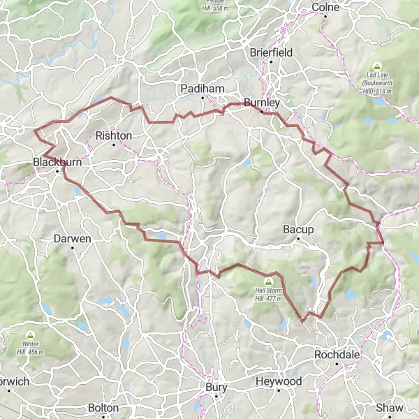 Map miniature of "Gravel Adventure" cycling inspiration in West Yorkshire, United Kingdom. Generated by Tarmacs.app cycling route planner