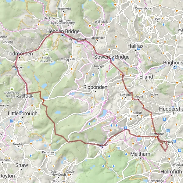 Map miniature of "Walsden to Todmorden Gravel Cycling Route" cycling inspiration in West Yorkshire, United Kingdom. Generated by Tarmacs.app cycling route planner