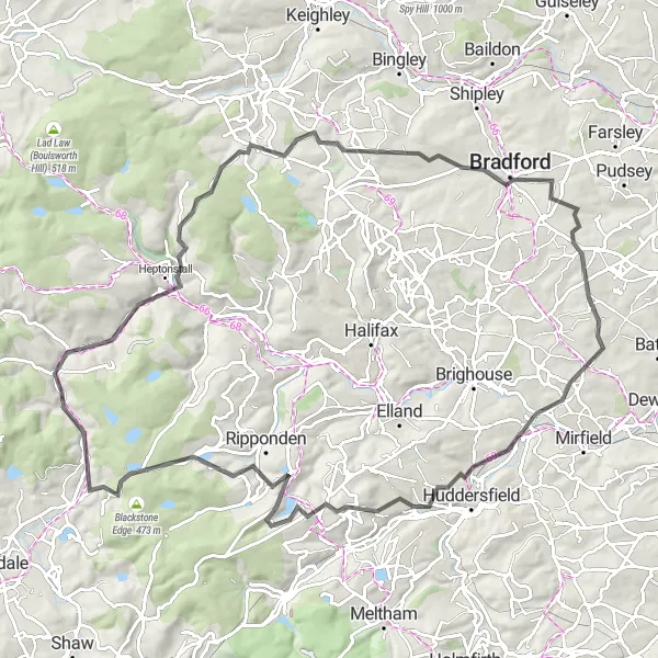 Map miniature of "Walsden to Golcar Road Cycling Route" cycling inspiration in West Yorkshire, United Kingdom. Generated by Tarmacs.app cycling route planner
