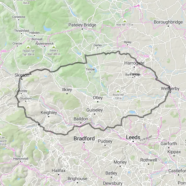 Map miniature of "Valleys and Towers" cycling inspiration in West Yorkshire, United Kingdom. Generated by Tarmacs.app cycling route planner