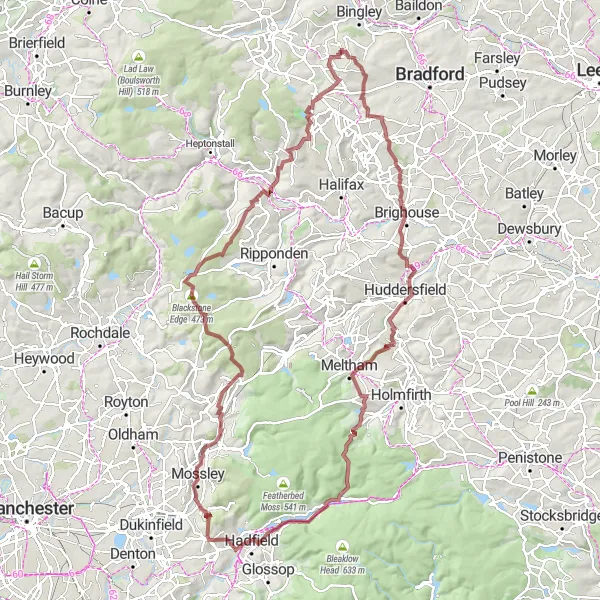 Map miniature of "The West Yorkshire Gravel Adventure" cycling inspiration in West Yorkshire, United Kingdom. Generated by Tarmacs.app cycling route planner