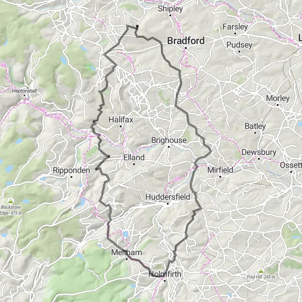 Map miniature of "The Scenic Road Loop" cycling inspiration in West Yorkshire, United Kingdom. Generated by Tarmacs.app cycling route planner