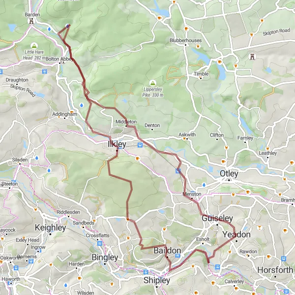 Map miniature of "Yeadon Gravel Loop" cycling inspiration in West Yorkshire, United Kingdom. Generated by Tarmacs.app cycling route planner