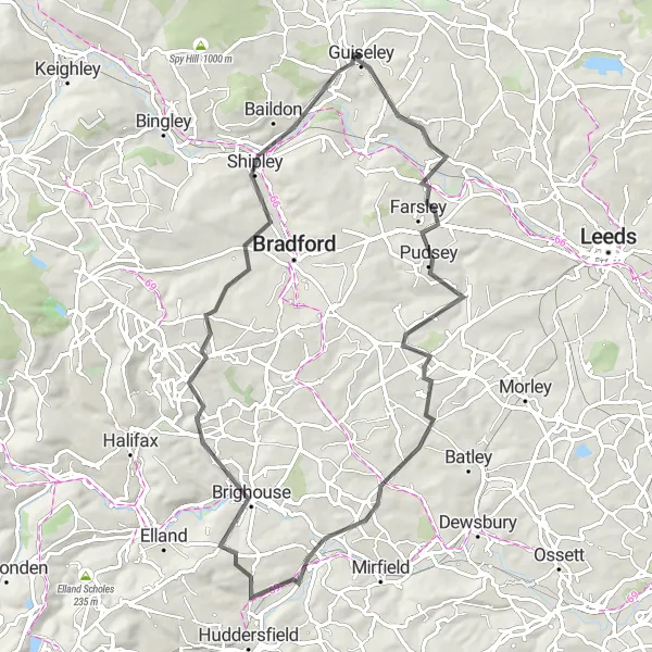 Map miniature of "West Yorkshire Adventure" cycling inspiration in West Yorkshire, United Kingdom. Generated by Tarmacs.app cycling route planner